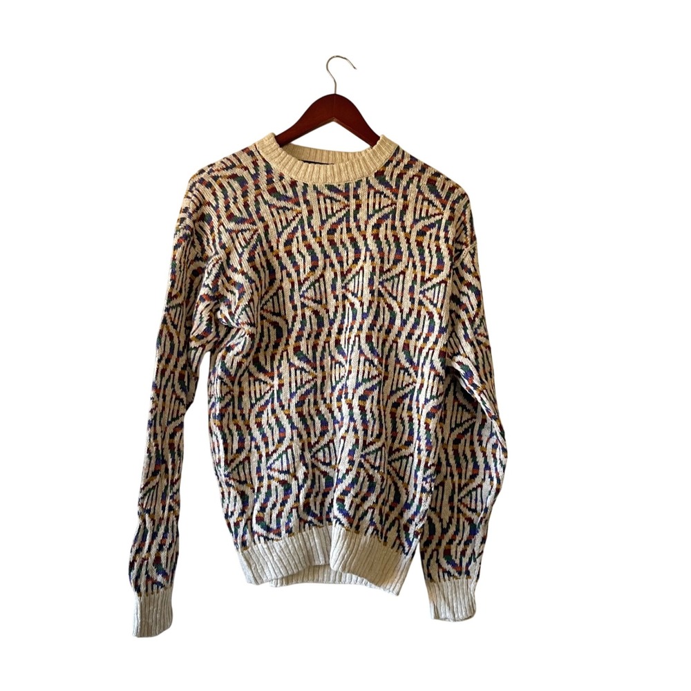 Vintage 80s Geometric Pattern Sweater Beige Multi Color Linen blend‎ size small